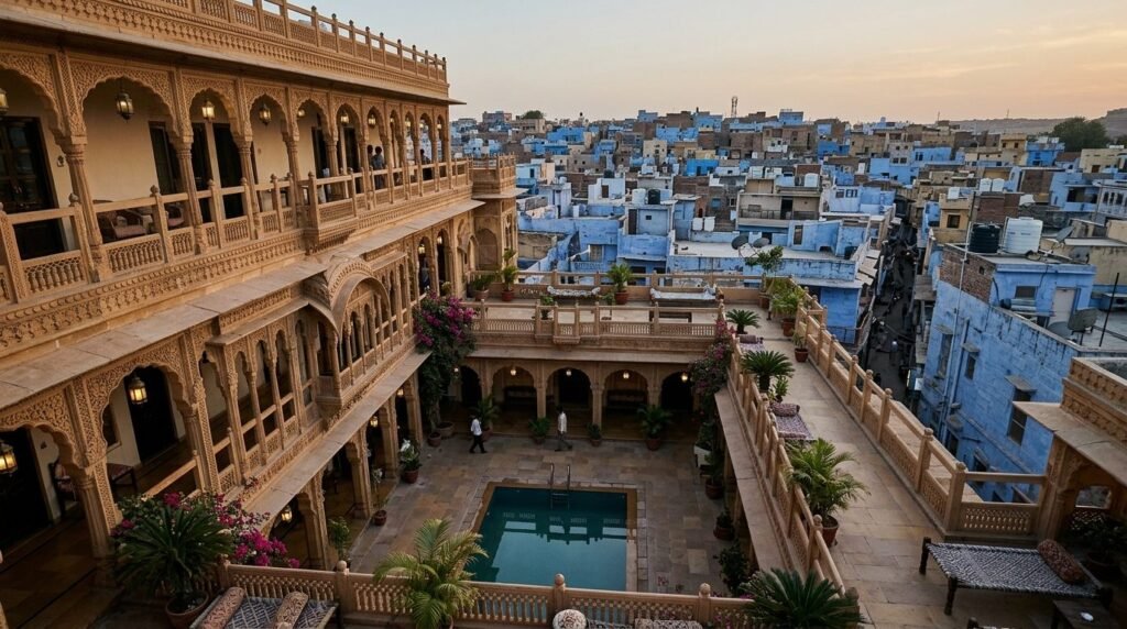 A restored haveli-hotel courtyard with carved balconies, lanterns and a reflecti