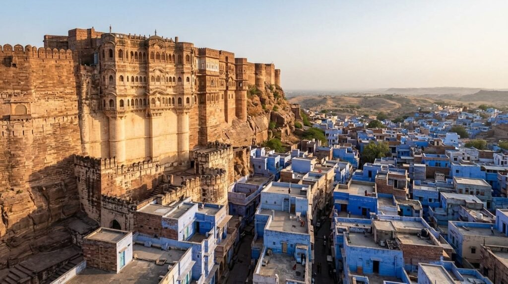 A striking heritage scene of warm sandstone architecture above a dense blue-wash