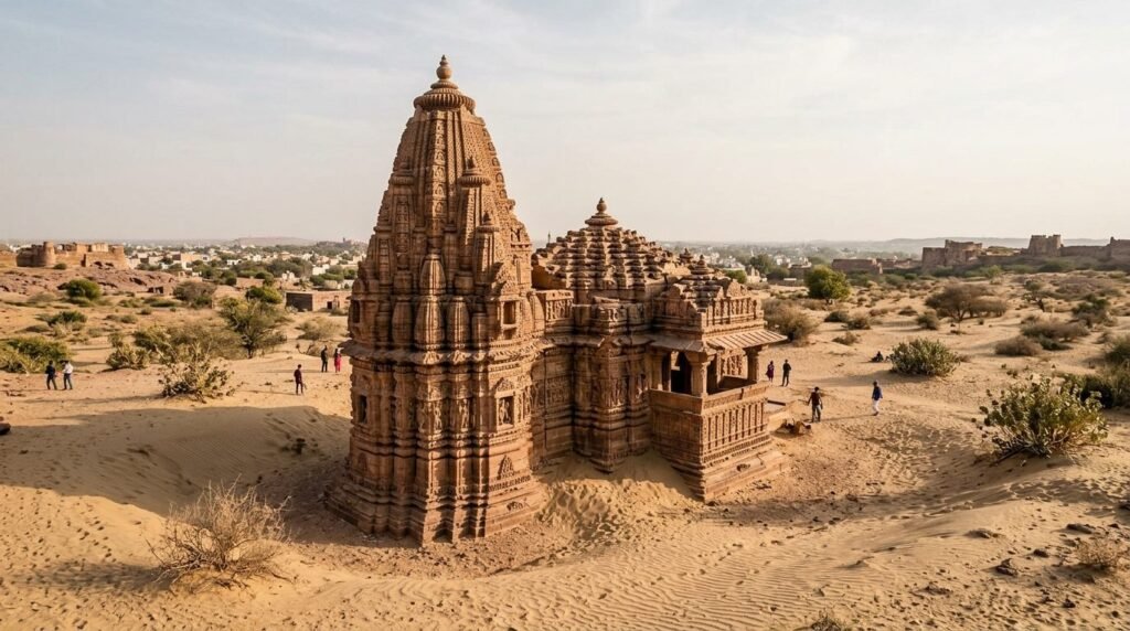 An ancient desert temple with carved shikhara spires rising from sand