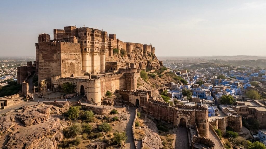 A massive hilltop fort with towering ramparts and bastions
