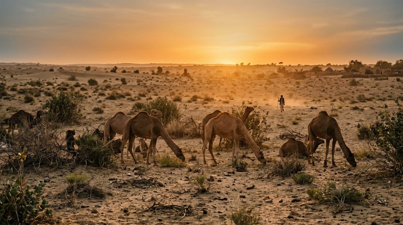 Camels grazing among thorny scrub at sunset with a herder silhouetted