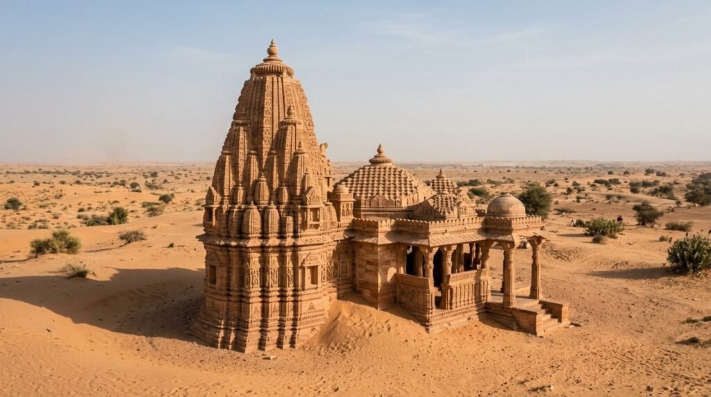An ancient desert temple with carved shikhara spires rising from sand
