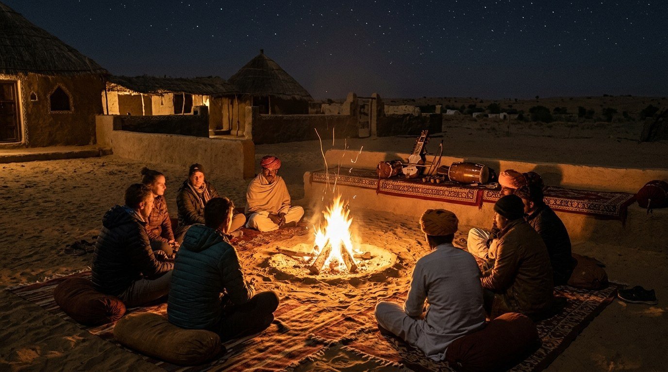 Guests and staff around a communal camp fire with instruments nearby