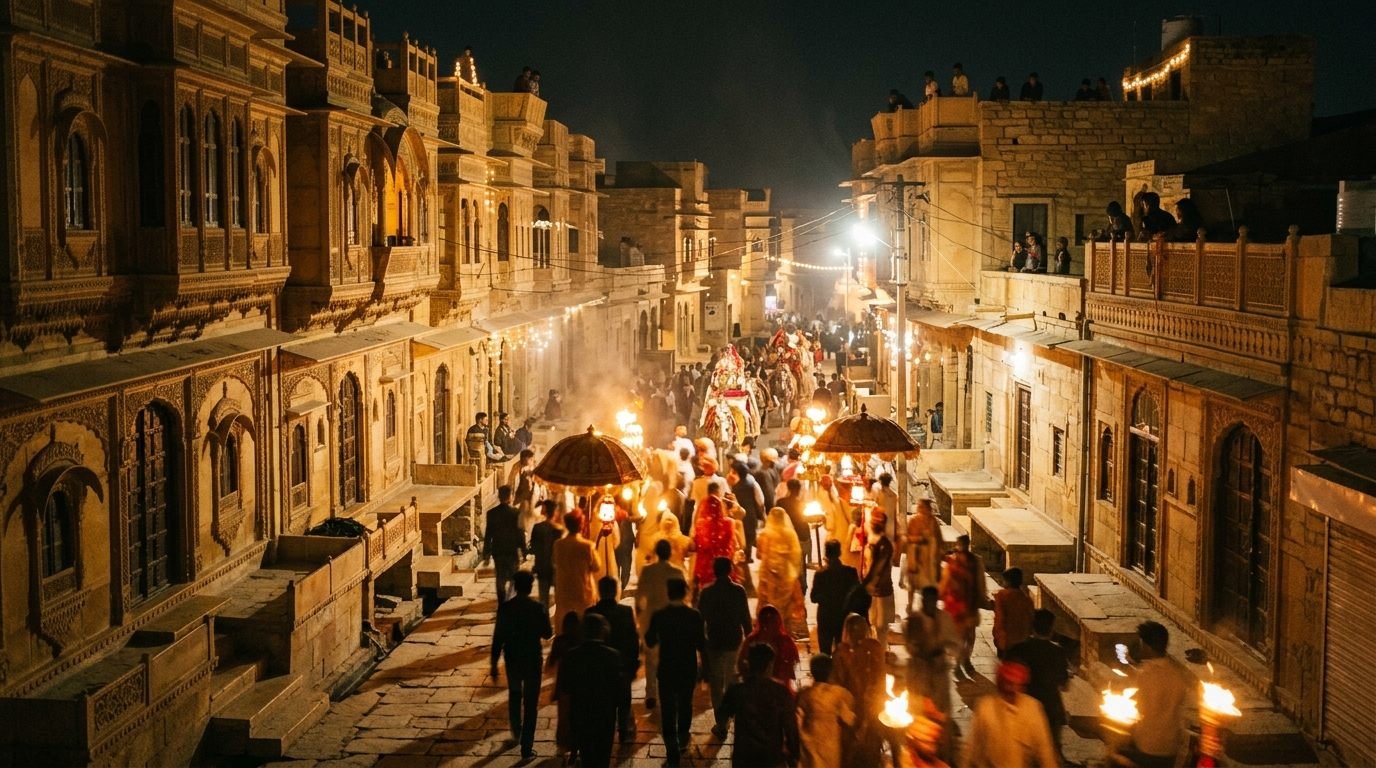 A wedding procession at night seen from a distance as warm blurred lights moving