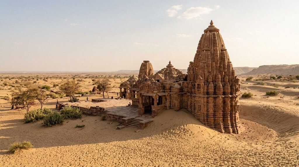 An ancient desert temple with carved shikhara spires rising from sand