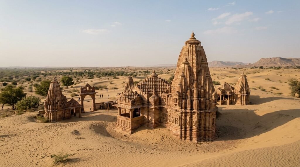 An ancient desert temple with carved shikhara spires rising from sand