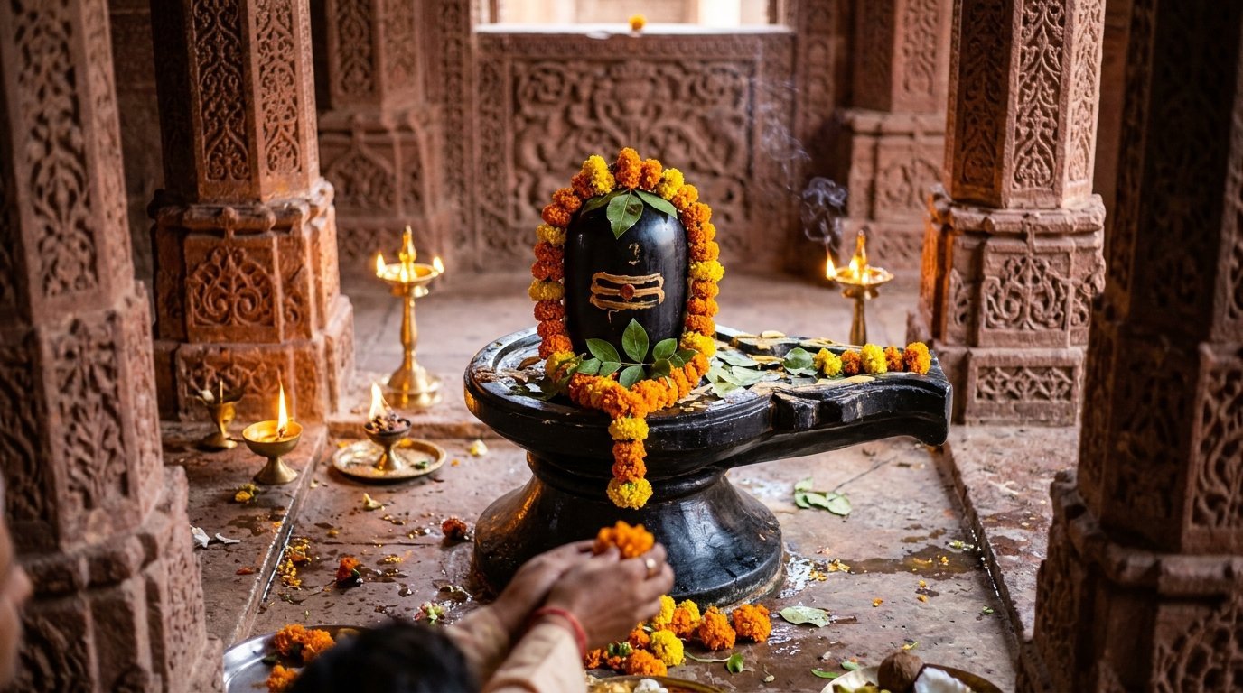 A Shiva lingam garlanded, temple lamplight, devotee’s hands