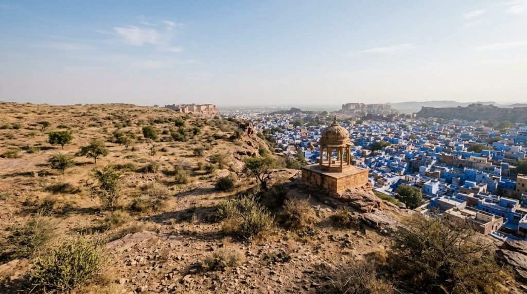 A day-trip landscape across {land} with a small landmark in view
