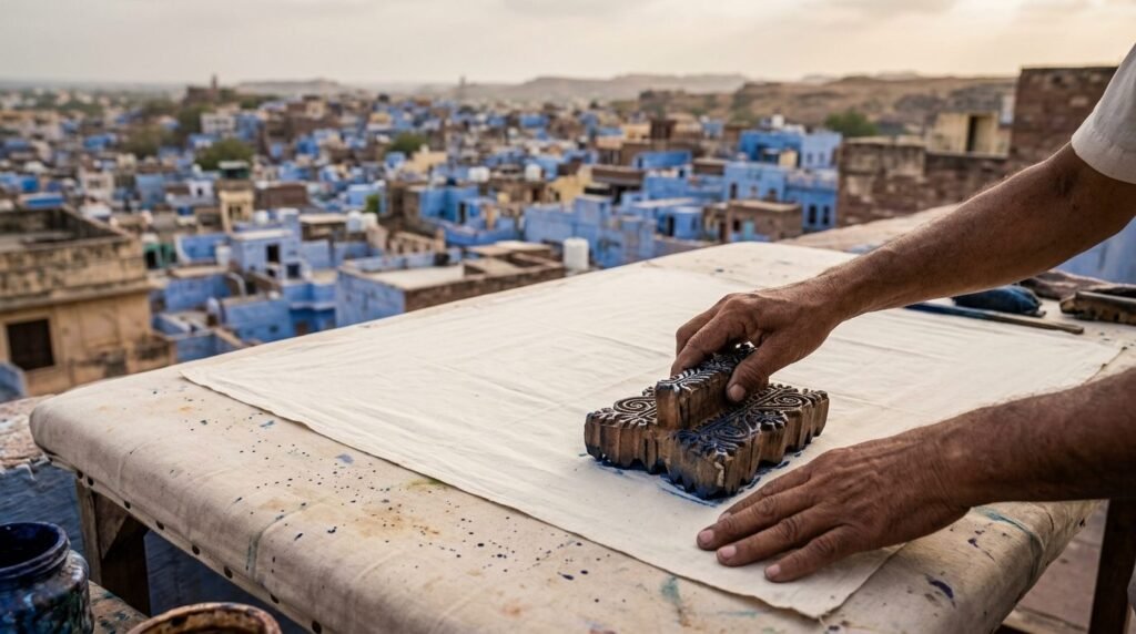 Hands pressing a carved wooden printing block onto spread cotton cloth
