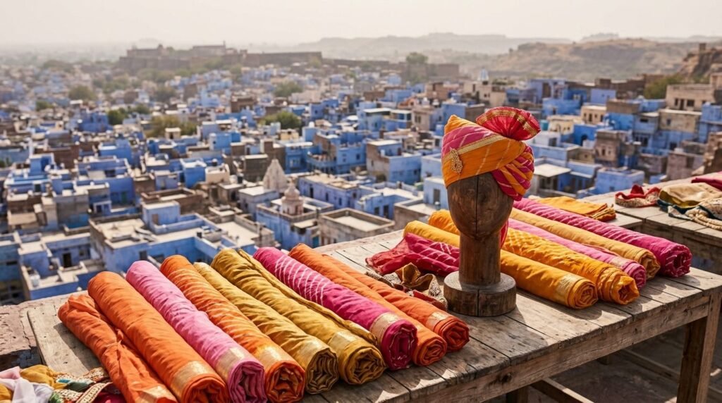 pink and gold with a pre-tied turban on a stand