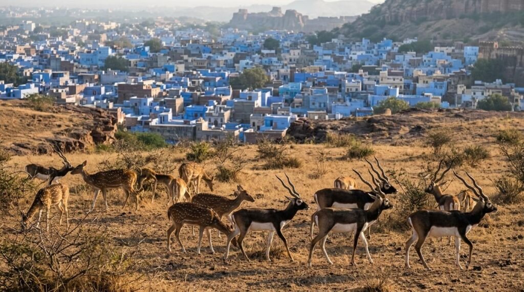 A herd of blackbuck and spotted deer in dry grassland with twisted horns catchin