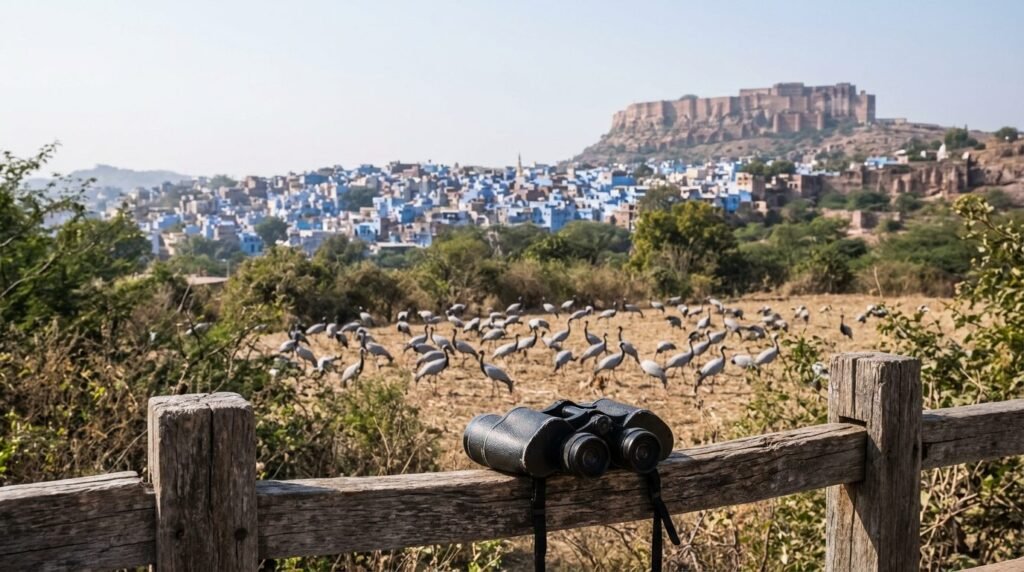 binoculars on a fence rail