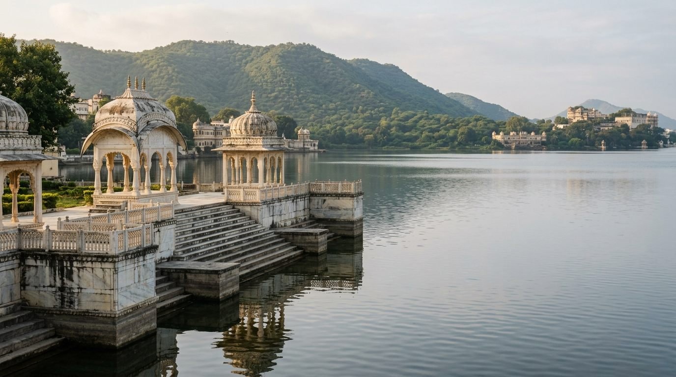 A striking heritage scene of white marble-and-stone architecture beside a calm l