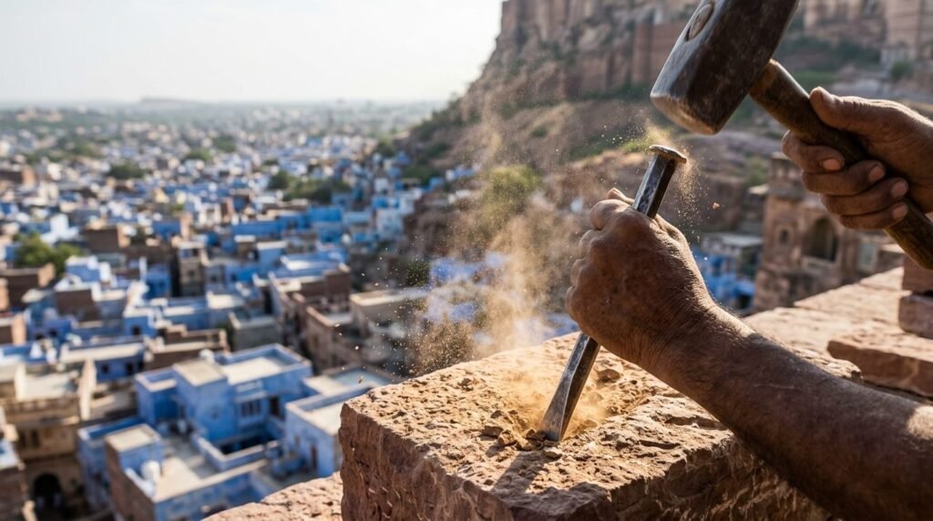 Hands guiding a chisel into stone with fine dust in a shaft of light