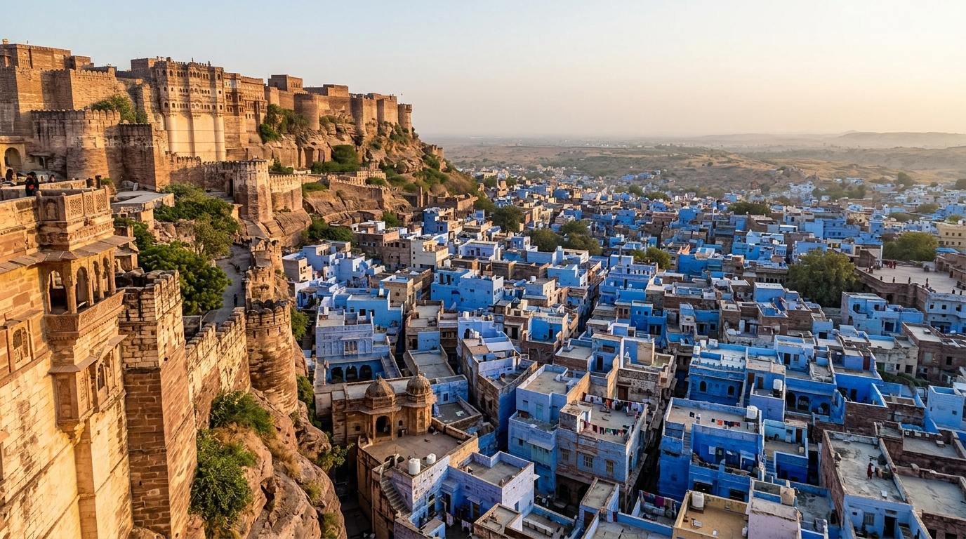 A striking heritage scene of warm sandstone architecture above a dense blue-wash