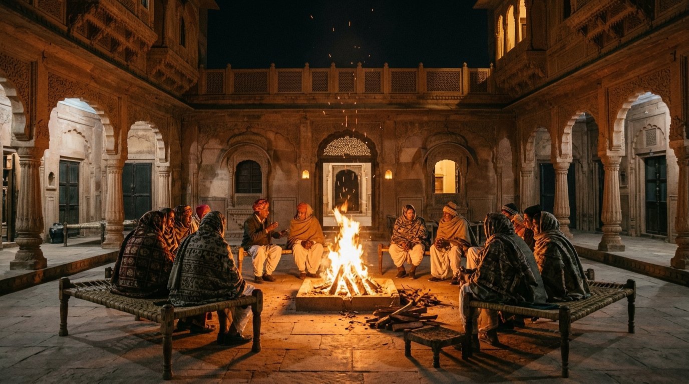 Winter bonfire circles in a courtyard with shawled neighbours