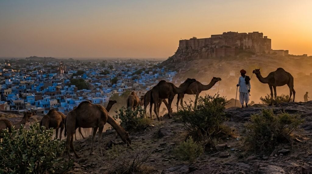 Camels grazing among thorny scrub at sunset with a herder silhouetted