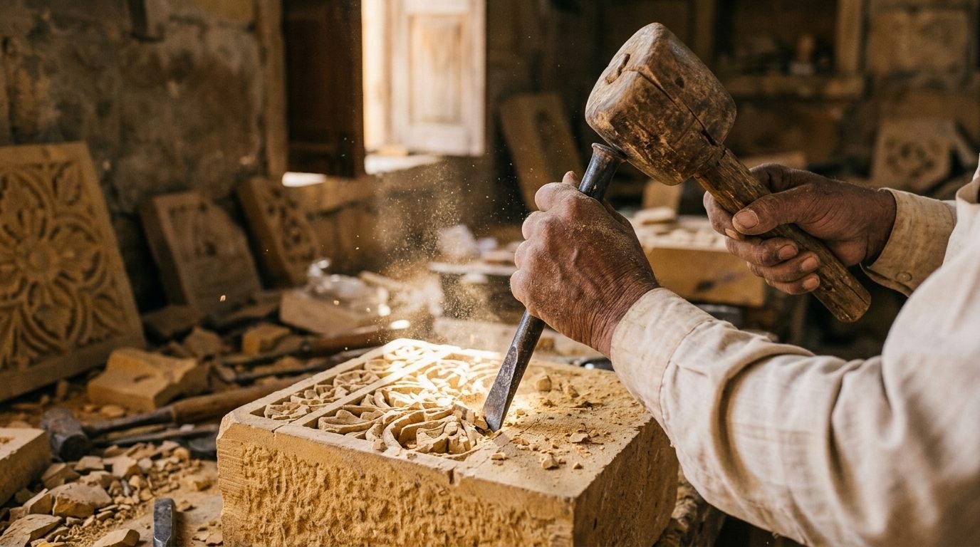Hands guiding a chisel into stone with fine dust in a shaft of light