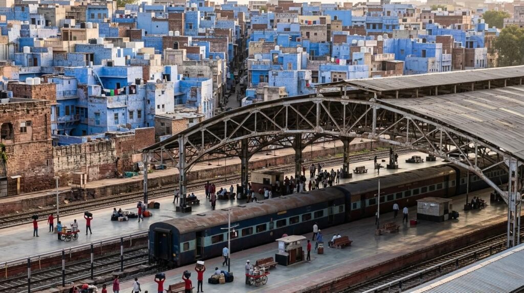 porters and chai vendors, steel trusses above