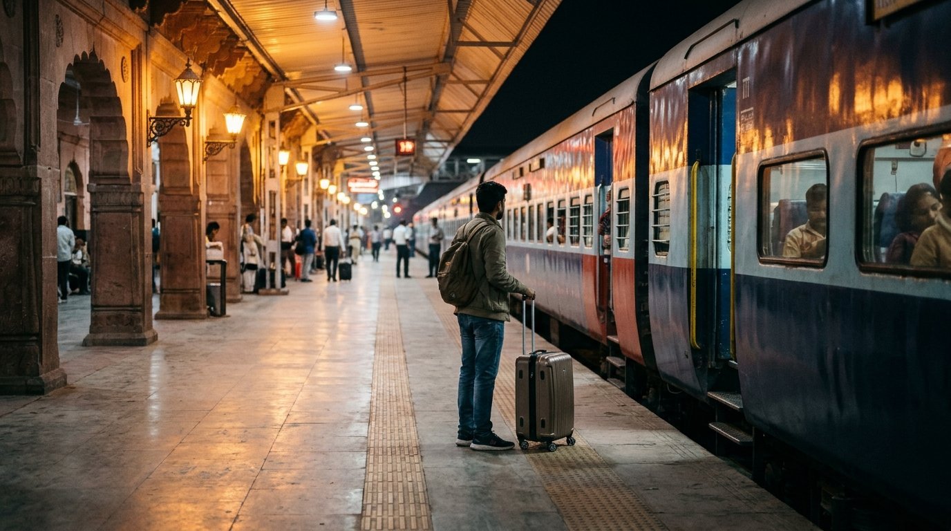 A lit railway platform at night, traveller with luggage
