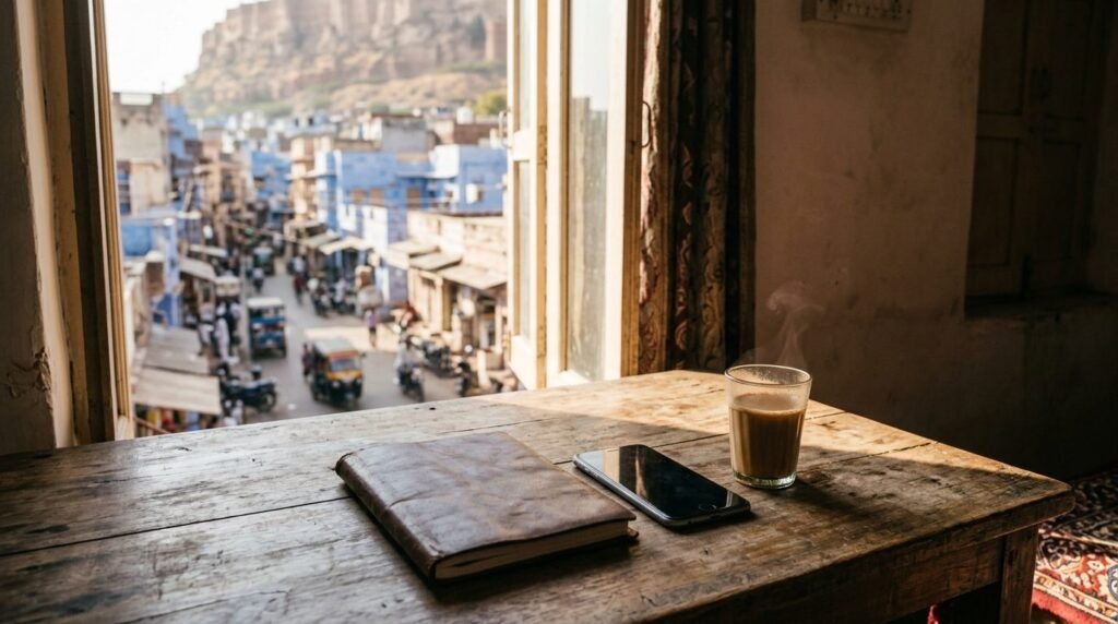 A practical travel scene: a notebook, phone and chai on a guesthouse desk with a