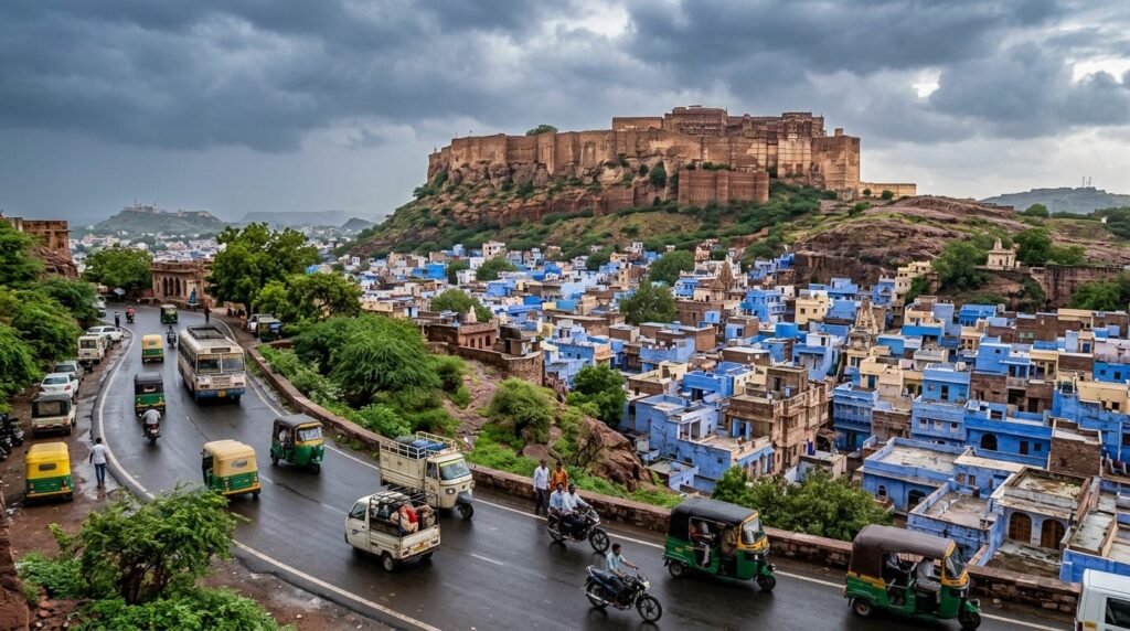 A transport scene: local travel through above a dense blue-washed old city with