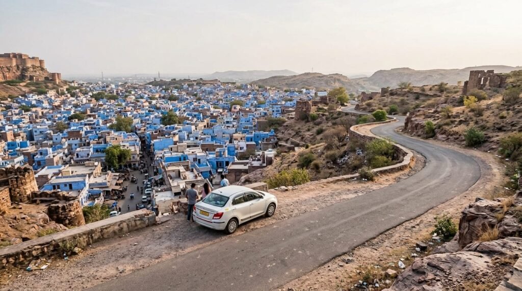 A hired car parked at a viewpoint with the road unspooling into the distance