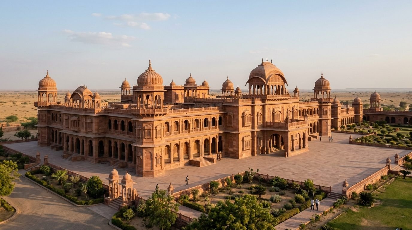 A grand red-sandstone palace with colonnaded facades and fluted domes