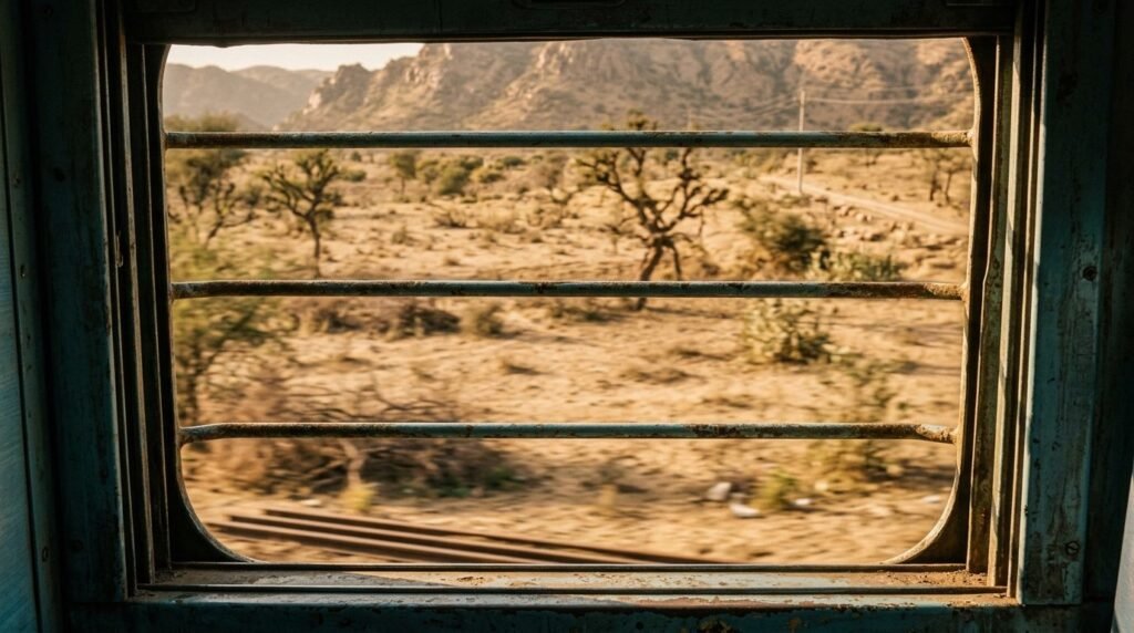 Train window view across semi-desert scrubland