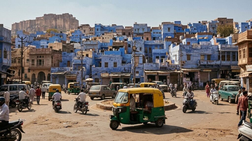 A green-and-yellow auto-rickshaw crossing a busy roundabout