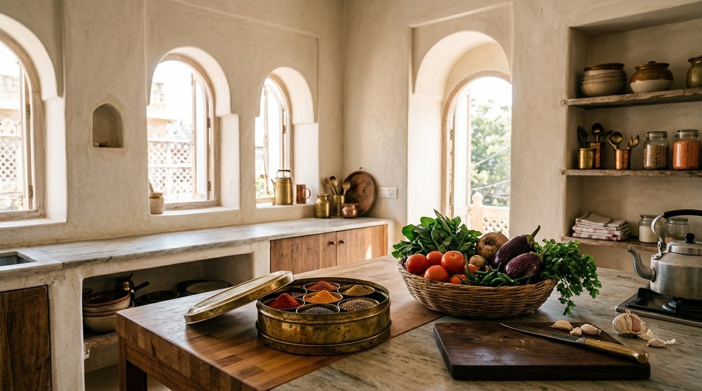 A serviced-apartment kitchen with fresh vegetables from the mandi