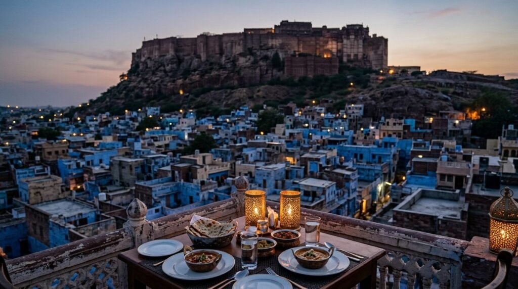 a fort silhouette in the background