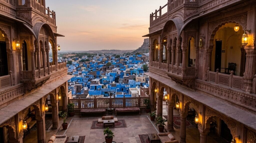 A heritage stay courtyard with arches and warm lamps above a dense blue-washed o
