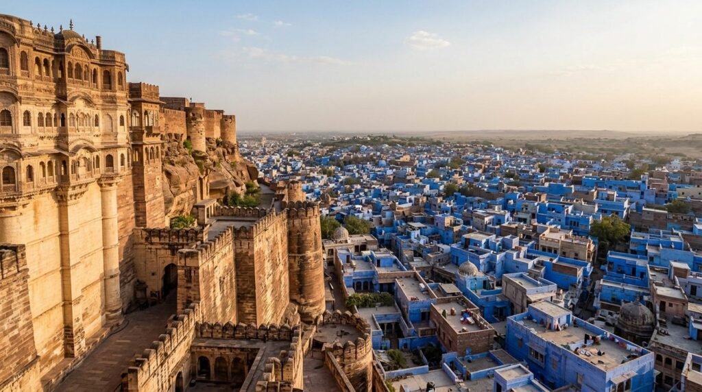 A striking heritage scene of warm sandstone architecture above a dense blue-wash