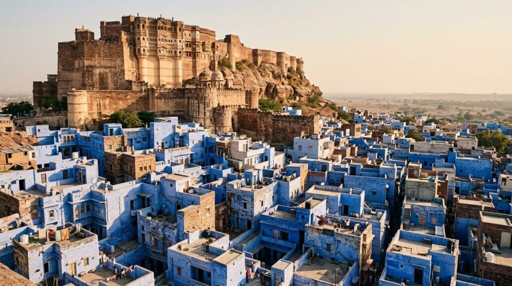 A striking heritage scene of warm sandstone architecture above a dense blue-wash