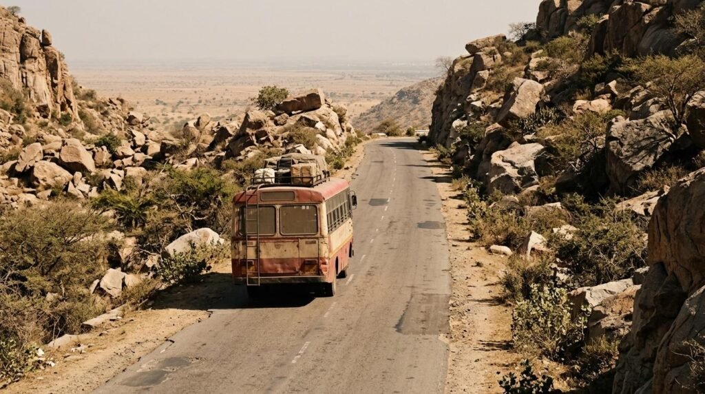 Bus climbing toward a rocky hill pass