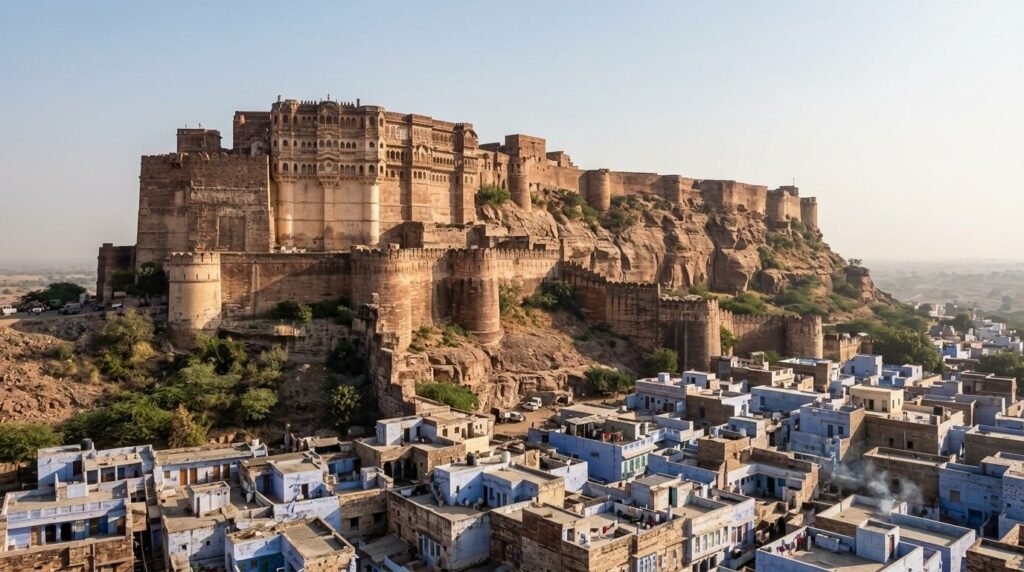 A massive hilltop fort with towering ramparts and bastions