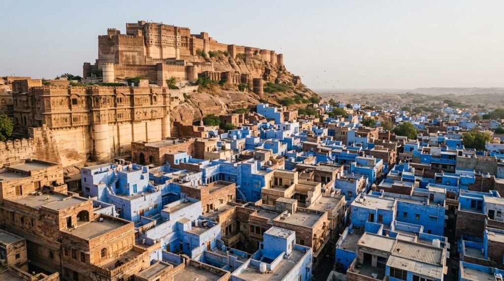 A striking heritage scene of warm sandstone architecture above a dense blue-wash