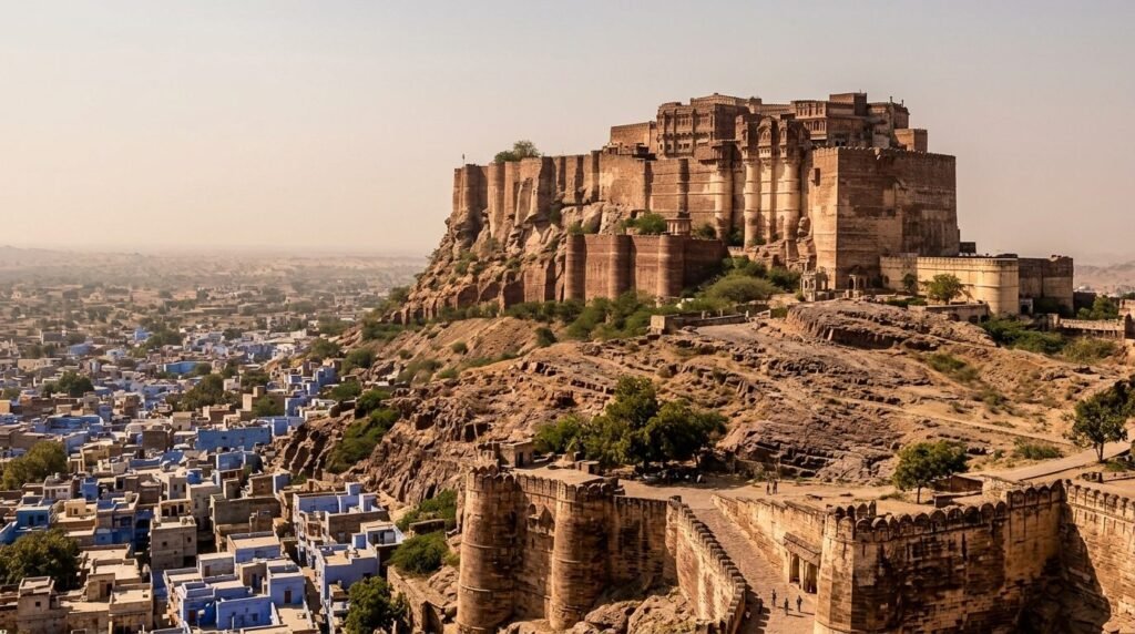 A massive hilltop fort with towering ramparts and bastions