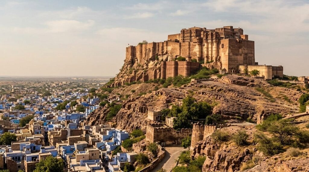 A massive hilltop fort with towering ramparts and bastions