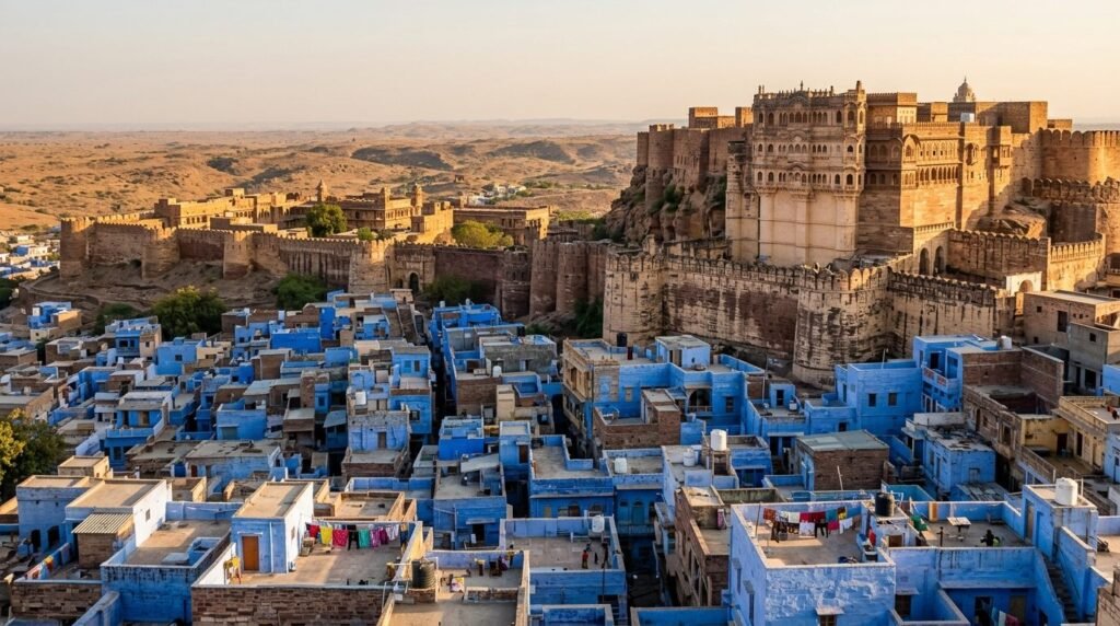 A striking heritage scene of warm sandstone architecture above a dense blue-wash