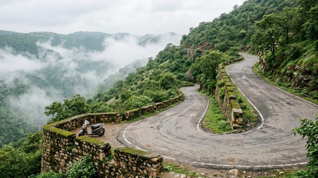 Ghat road hairpins climbing a forested hill