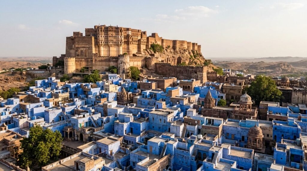A striking heritage scene of warm sandstone architecture above a dense blue-wash