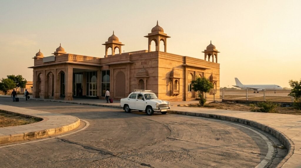 Small regional airport terminal exterior at golden hour
