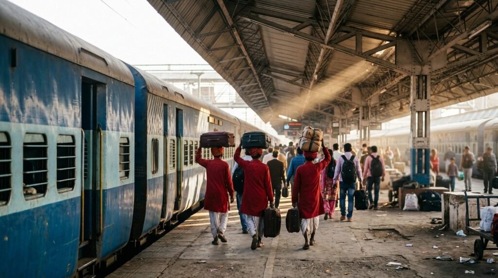 Railway station platform in morning light