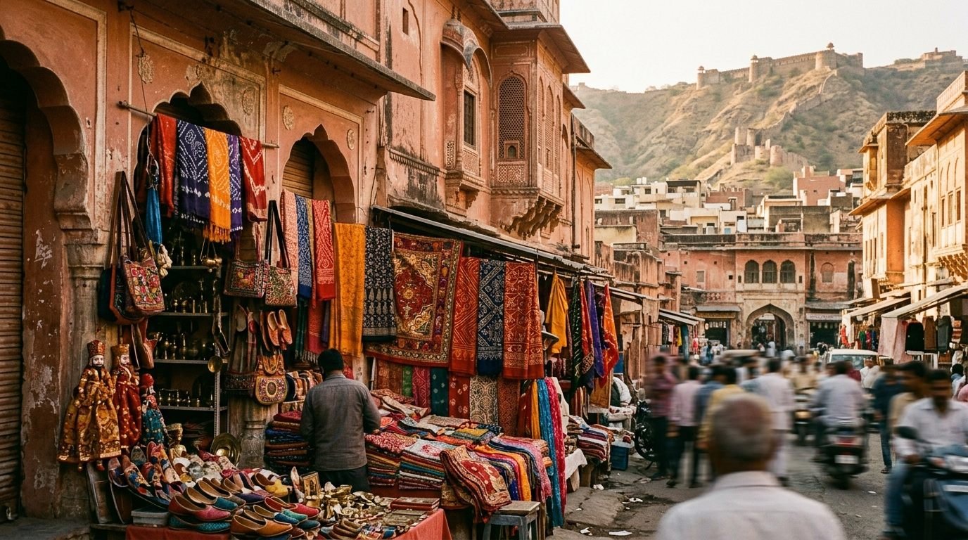 A market stall of colourful crafts and textiles in the pink-walled planned old c