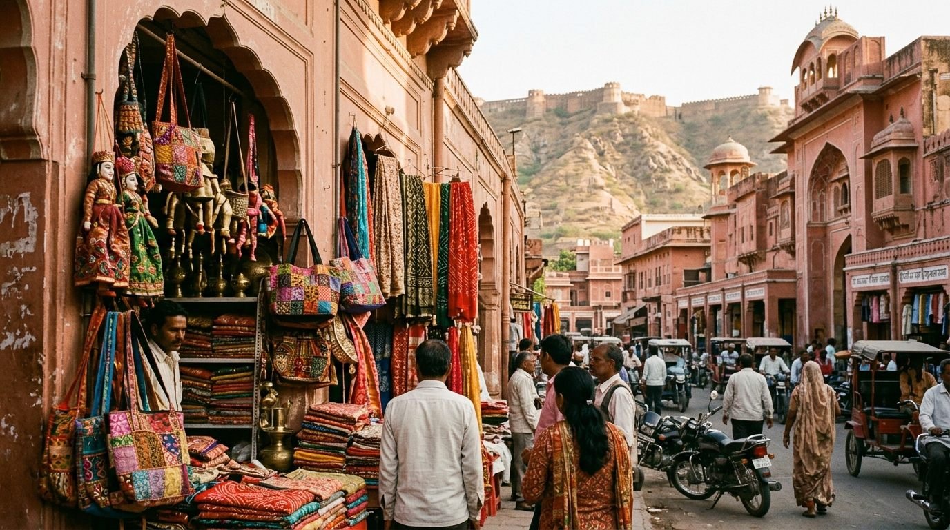A market stall of colourful crafts and textiles in the pink-walled planned old c