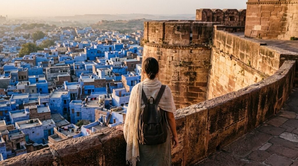 Lone traveler seen from behind on a fort rampart at morning