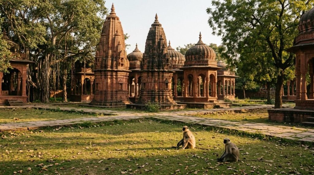 Red-stone cenotaph pavilions among gardens
