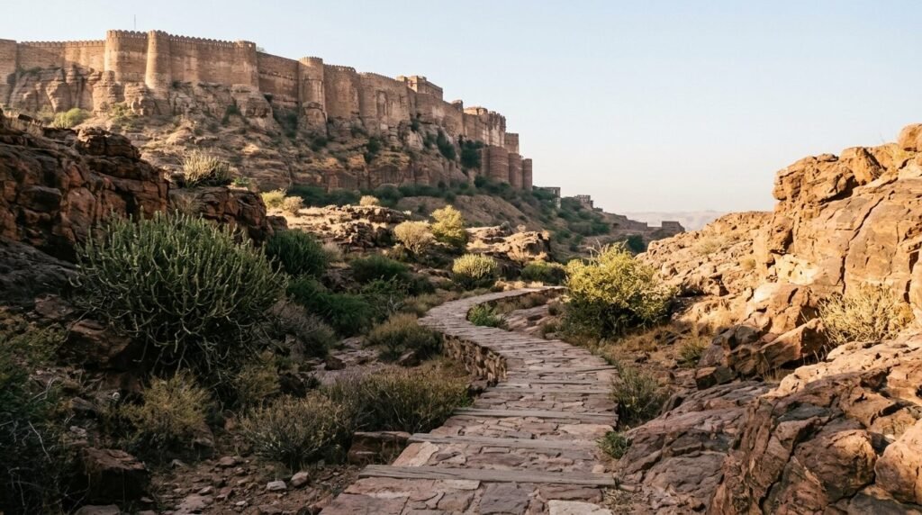 Rocky desert park trail with fort walls towering above